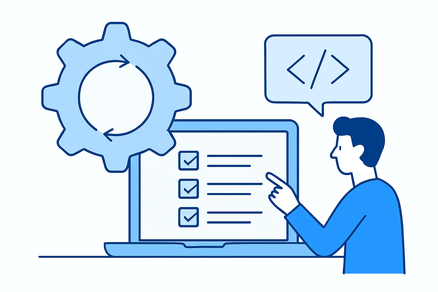 Illustratie van een CI/CD-pipeline met geautomatiseerde build-, test- en security-scanstadia tussen commit en productiedeployment